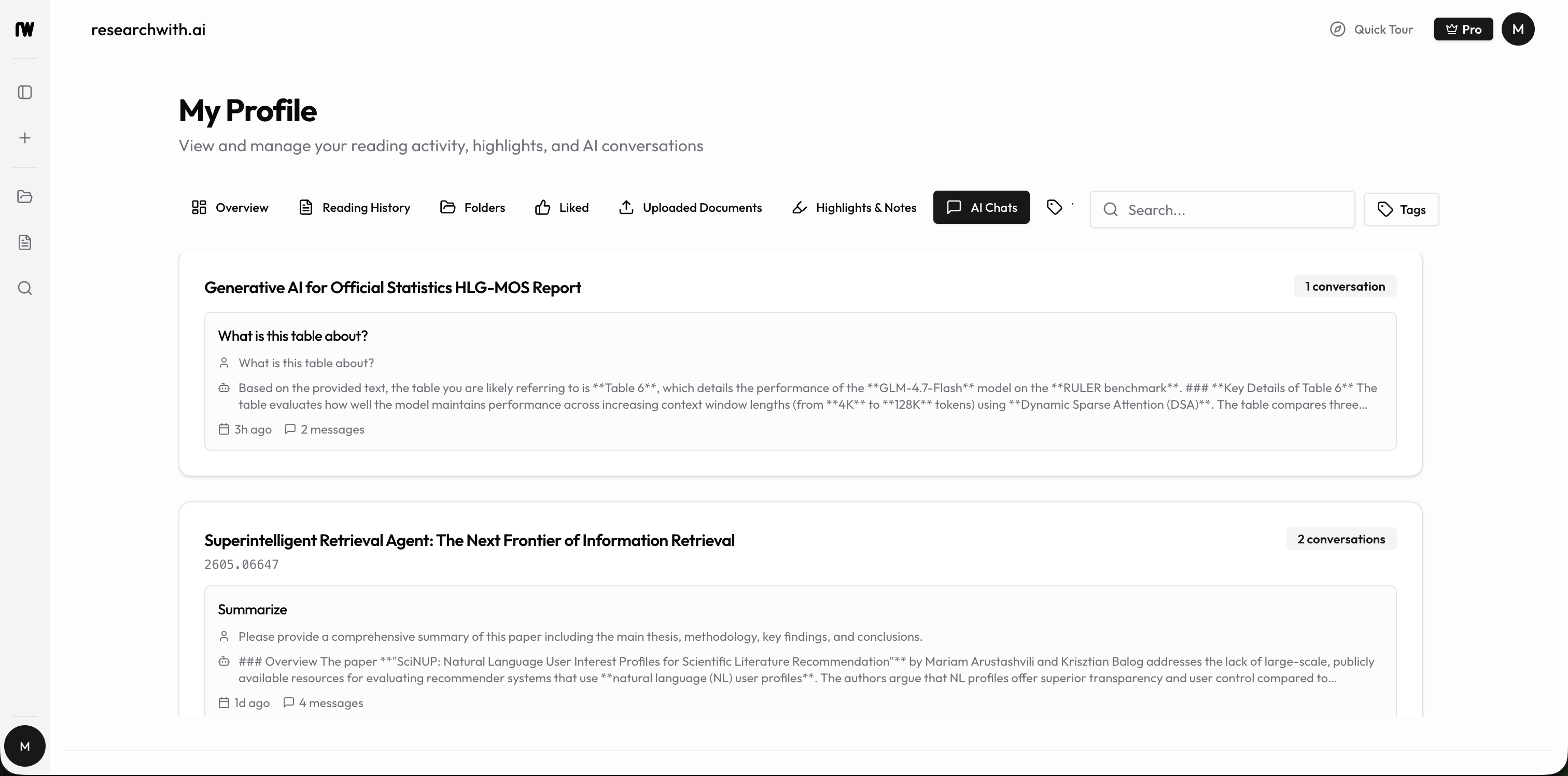 AI Chats tab grouping saved conversations under each paper