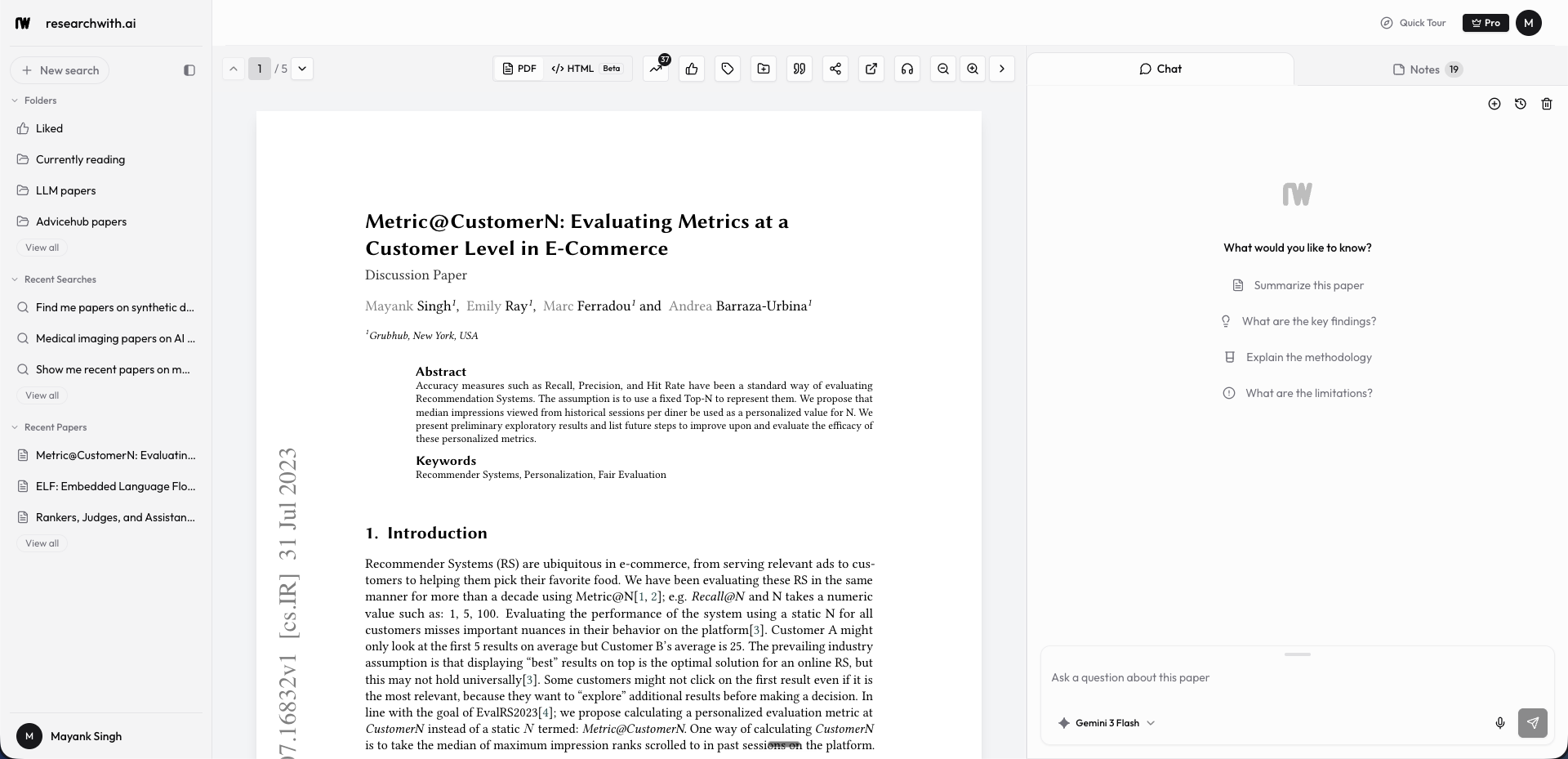 Reader layout with the paper on the left and the chat panel on the right