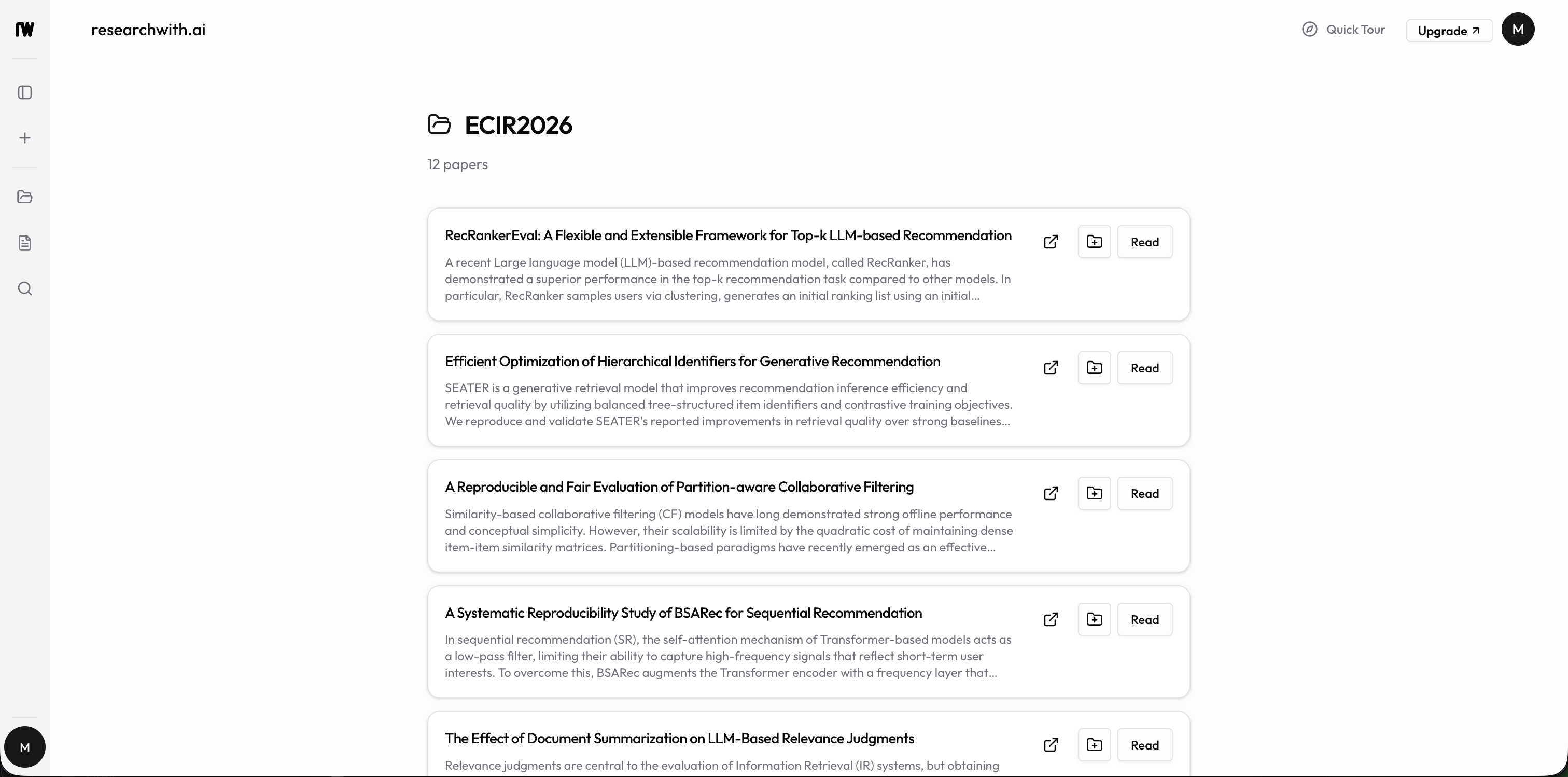 Public shared folder page listing papers with Read buttons