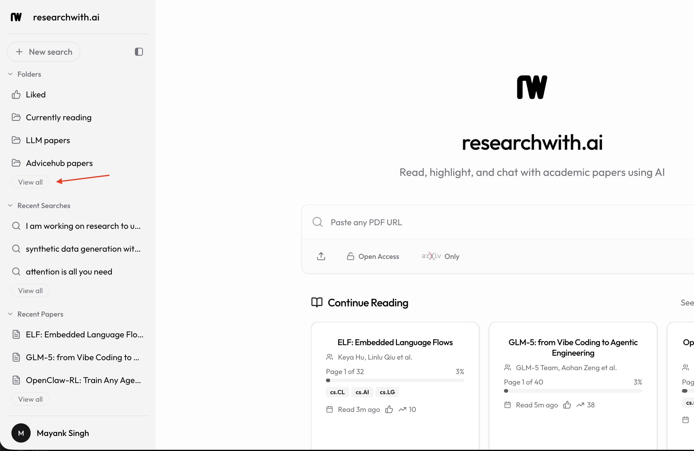 Sidebar Folders section with a Liked shortcut and a View all link